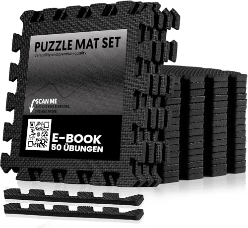 unycos - Tappeto da Fitness a Puzzle【20 Tappetini】Tatami Antiscivolo, Pavimento Protettivo Incastro Palestra in Schiuma EVA, Materassino per Home Gym | Include E-Book, 30x30x1 cm (Nero)
