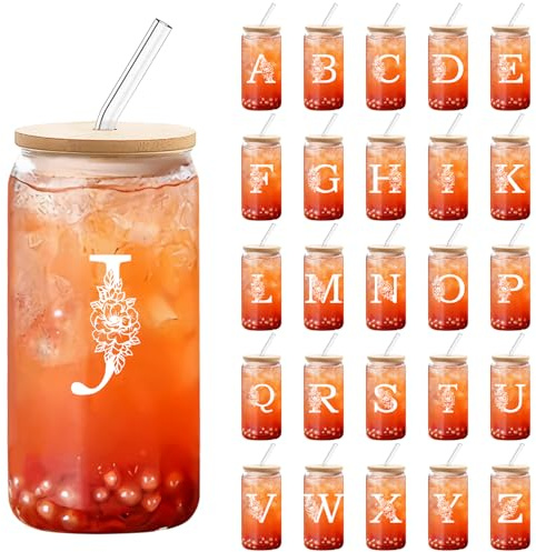 DETENE 550ML Verre avec couvercle et paille Tasse à smoothie en verre personnalisée Verres réutilisables avec couvercle Choix de cadeaux d'anniversaire ou de Noël pour hommes et femmes (J)