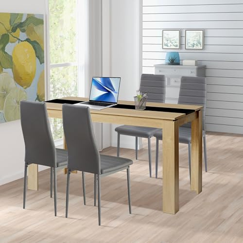 FURNITABLE matbord med 4 stolar, matsalsgrupp, set om 4 matstolar och rektangulära träbord, matgrupp för vardagsrum, kök, kontor (140 x 70 cm bord + 4 mörkgrå stolar)