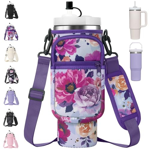 AceTreker Stanley – Housse pour gobelet en bandoulière avec poche pour téléphone – Porte-gobelet de voyage en néoprène avec poignée – Housse de tasse à café en métal avec housse de paille pour la
