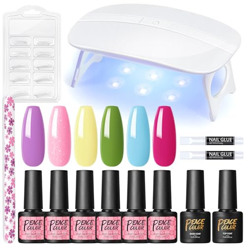 PEACECOLOR UV Nagellack Starterset mit Lampe 6 Farben Rosa Nude Orange UV Gel Nagellack Starterset mit Base Top Coat mit UV Lampe Gel Set