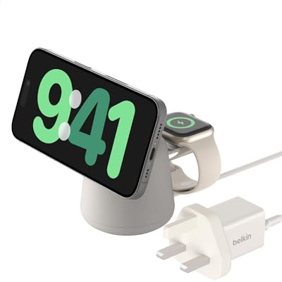 Belkin BoostCharge Pro 2 in 1 Wireless Charger with Qi2, 15W - Sand | MagSafe Compatible Magnetic Charging Station, 30W Wall Plug Included, Apple Watch and iPhone Charger, StandBy Mode