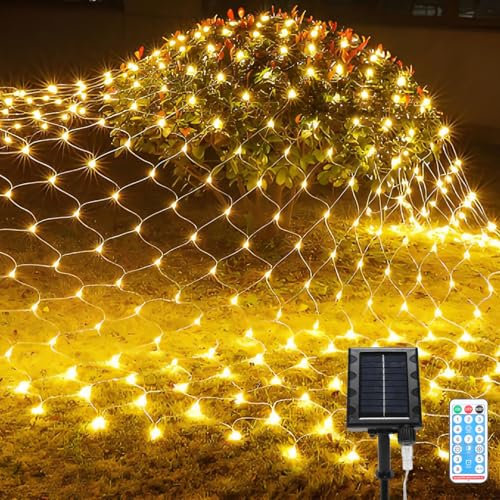 Cecaylie solar lichternetz, 2x2m-240LEDs lichternetz mit Fernbedienung, 8 Modi-TimingFunktion-MemoryFunktion, IP44, Geeignet für Hochzeits und andere Feiertagsdekorationen, Warmweiß