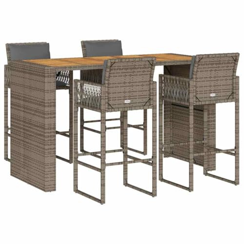 vidaXL 5-TLG. Gartenbar-Set mit Kissen Grau Poly Rattan Akazie, Garten Bar Set, Outdoor Bar Set, Bartisch und Stühle, Gartenbar, Bar Set Terrasse