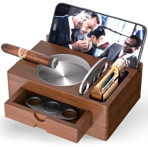 Wooden Cigar Ashtray with Lighter Slot & Accessories Drawer - 3-in-1 Holder Tray for Outdoor, Home Bar, Patio, Office Use - Gift Set for Men, Elegant Decoration Suitable (Brown)