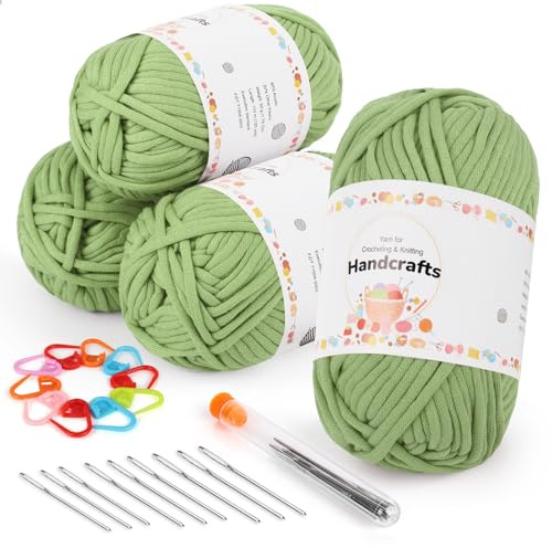 Aeelike 4X50g Dicke Garn Baumwollgarn zum Häkeln, Chunky Strickgarn für Anfänger, Kein Geteiltes Häkelgarn Baumwolle, Wolle zum Stricken mit gut Sichtbaren Maschen, Avocadogrün