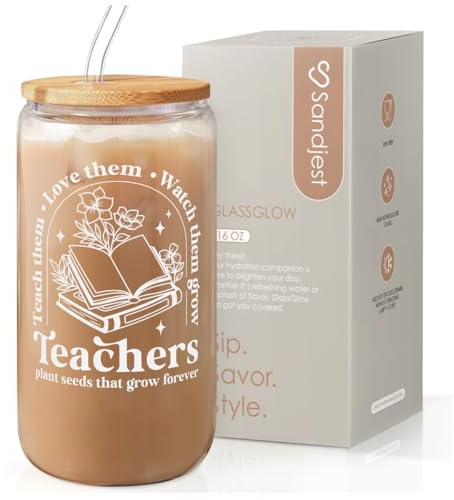 SANDJEST Teacher Glass Can, Teachers Plant Seeds That Grow Forever Cup with Lid & Straw, Coffee Aesthetic Cups, Gift for Christmas Teacher Appreciation, Gifts for Women, 16oz