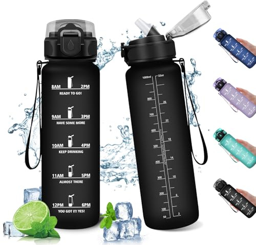 Borraccia Sportiva 1L, Borraccia Palestra con Cannuccia, Borraccia con Indicatore del Tempo Motivazionale, Bottiglia Riutilizzabile, a Prova di Perdite, Borracce per Sport, Palestra, Scuola, Gym
