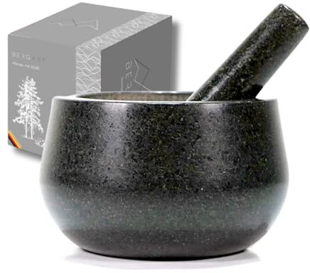 BERGART Mörser mit Stößel – Edler Mörser aus hochwertigem Granit mit extra langem Stößel und stabiler Standfläche - Langlebiger Mörser ideal für Kräuter, Gewürze & Pesto