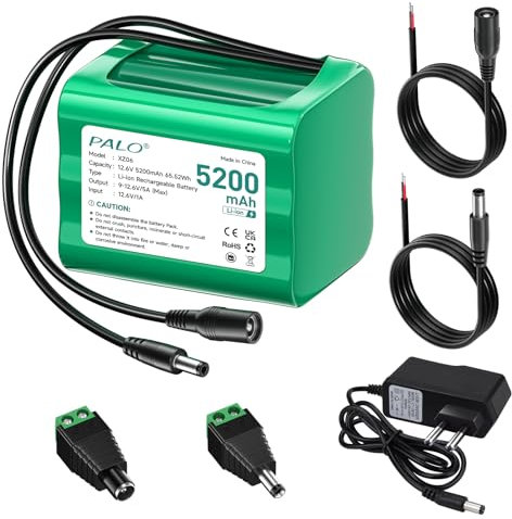 Palogreen 12.6V DC Akku 5200mAh für 12V, Mit 2er-Pack DC-Verlängerungskabel für LED-Lichtleisten, MP3-Playern, Router, Solarpanel, Drohnen, Angelscheinwerfer, Camcorder, DIY,etc