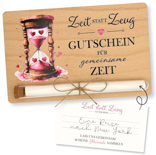 ZUKLA Zeit statt Zeug Gutschein - 17 x 11 cm - mit Reagenzglas - Geldgeschenk Verpackung aus Holz - Zeit zu Zweit Geschenk