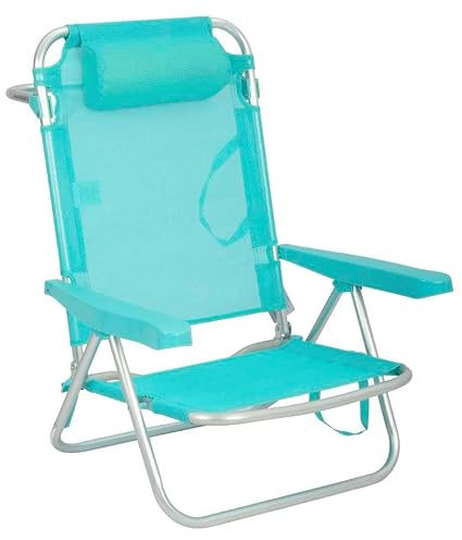 Creaciones Llopis ARW Silla Baja Plegable de Aluminio con Cojín Reposacabezas, Reclinable Convertible en Tumbona 114 cm, Color Aguamarina, 80x66x48,5 cm, Soporta hasta 100 kg