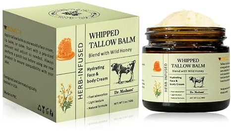 Whipped Tallow Cream für Gesicht & Körper - 100% Grasgefüttertes Rindertalg, Natürlicher Honig & Bienenwachs Feuchtigkeitscreme, Tiefe Hydratation & Pflege, Öl- und Duftfrei, Schnell Absorbierend