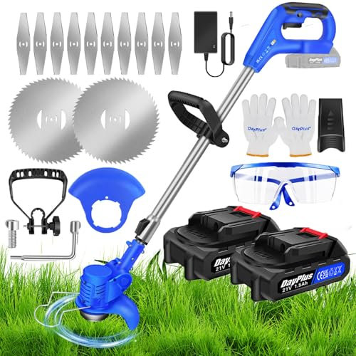 Débroussailleuse sans Fil pour Le Jardin - Débroussailleuse électrique avec 10 Lames en métal, 2 Batteries 21V 1500mAh et Chargeur Rapide pour la pelouse et Le Jardin Bleu (2 Piles)