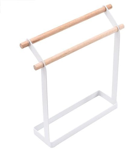 bacedifo Tavolo Verticale Piano Asciugamani Porta Ferro con Legno Massiccio Bianco 2 Aste Portasciugamani Mobile Senza Installazione Appendi Asciugamani Adatto per Sala da Pranzo Bagno