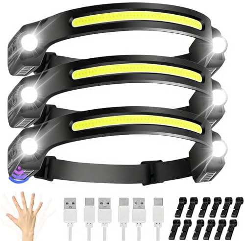 JIASESCS Lampe Frontale LED Ultra Puissante,3PCS Lampe Frontale Rechargeable 6 Mods Légère et Ultra-Lumineuse avec Capteur de Mouvement et étanche,Cadeau pour Adultes et Enfants Randonnée et Pied