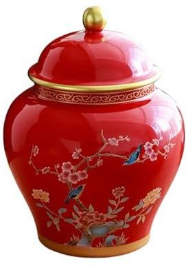 Vase en céramique à Motif de Fleurs et d'oiseaux, Pot à Gingembre en Porcelaine Chinoise avec Couvercle, émail Chinois Ancien, Peint à la Main, for Le Stockage du thé(Rot)