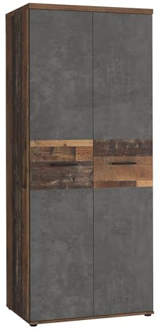 Forte Winnie Kleiderschrank 80, rustikaler Drehtürenschrank, 2-türig, Einlegeböden, geräumig, Old Wood Vintage Holzdekor/Betonoptik Dunkelgrau, 79,9 cm breit x 189 cm hoch x 53,7 cm tief