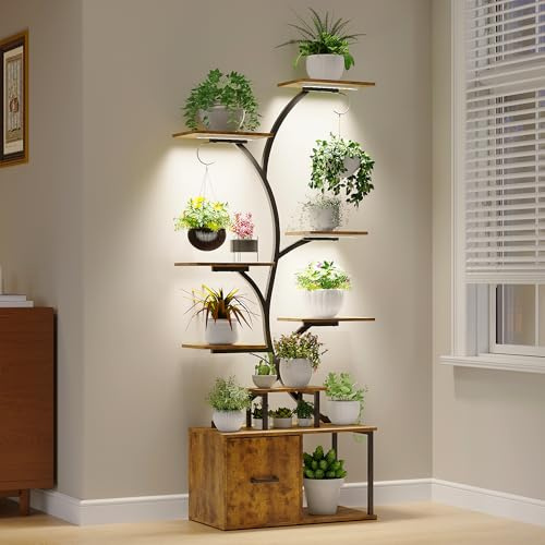 Blumenständer Pflanzenständer mit Wachstumslichtern - 9 Etagen Pflanzenregal aus Holz und Metall mit Große speicherkapazität Die schränke, 156cm Innen & Außen Blumentreppe, Balkon, Schlafzimmer