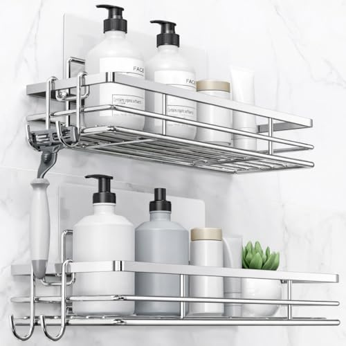 Josmimic Shower Caddy SUS304 Stainless Steel Shower Storage Rustproof Bathroom Shelf 2-Pack Silver