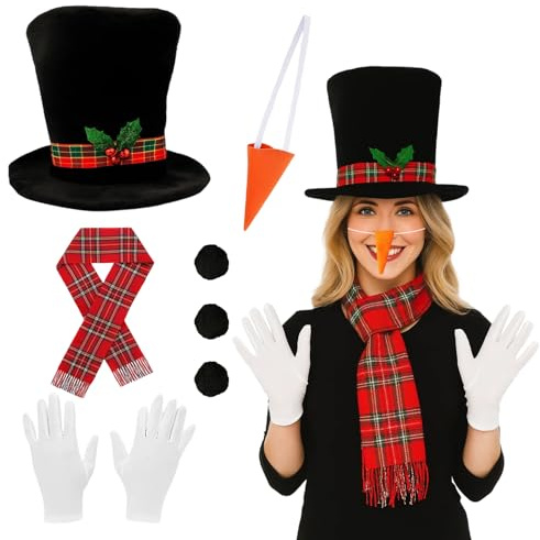 Tniytru Christmas Snowman Costume, Christmas Headband Snowman Headband Snowman Hat, Christmas Scarf, Carrot Nose, White Gloves for Snowman Outfit, Christmas Costume for Adult Kids