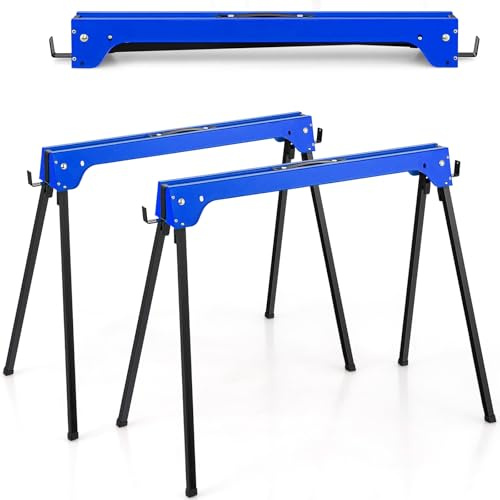 HOMFME Folding Saw Horse Twin Pack, Heavy Duty Metal Work Trestle Stands with Handle and Non-Slip Footpads, Portable Lightweight Workbench Sawhorse Pair, 454 kg Load Capacity (Blue)
