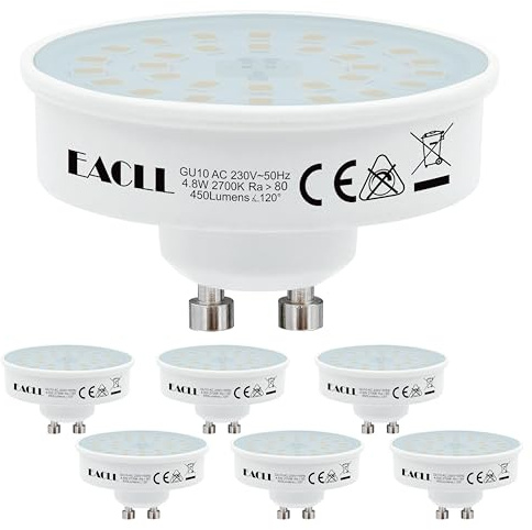 EACLL Ultraflacher GU10 LED Lampe Warmweiss 4.8W Ersetzt 65W Halogen Leuchtmittel, 6er-Pack. 450lm 2700K Birnen, Ø50xH30mm für Einbaustrahler, AC 230V Flimmerfrei, Abstrahlwinkel 120°, Nicht Dimmbar