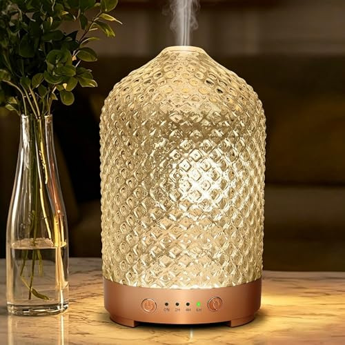 Diffuseur d'huiles essentielles électrique aromathérapie Diffuseurs d'arômes en Verre 200ml Humidificateur avec arrêt Automatique, 7 lumières LED, ultrasonique Silencieux pour la Maison Bureau Cadeau