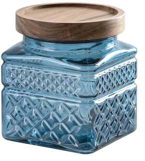 Punorric Candy Jar, 600ml Glass Sweet Jar with Wooden Lid, Airtight Sweet Jars for Candy Buffet, Round Biscuit Tin, Food Storage Container for Ground Coffee, Tea, Sugar, Nuts, BPA-Free(Blue)