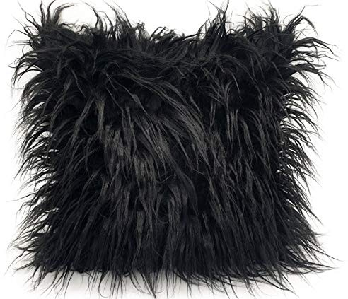 cushion mania Luxury Shaggy Faux Fur Covers or Cushions Large Fluffy Decorative Throw Pillows for Sofa and Bed Super Soft Long Hair Plush Cushions 17x17 or 21x21 (Black, 17x17 Filled Cushion)