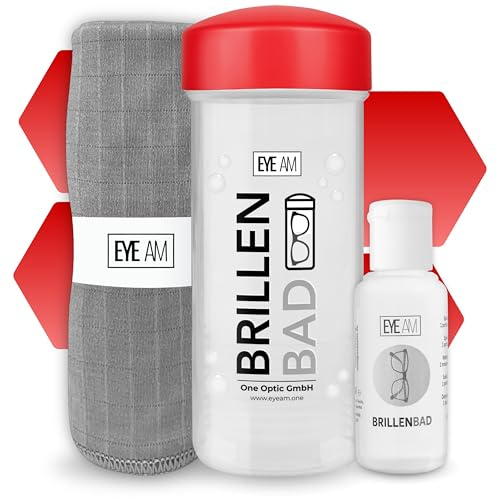 EyeAm Brillenbad (Rot) im Set mit 50ml Spezialreiniger & Mikrofasertuch | Brillenputztuch in Optiker Qualität | Brillenreinigung für jede Brille