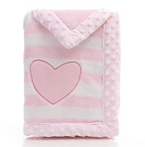 LANDOR Babydecke Doppellagig Weiche Flanell Winter Warme Streifen Babydecke Plüsch Decke Kuschelig Decke für Kinderwagen Rosa Herz