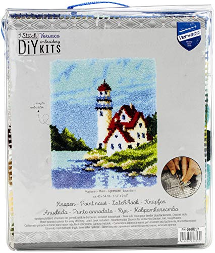 Vervaco Knüpfteppich Set DIY Handarbeit Set Knüpfset für Anfänger LEUCHTTURM Teppich zum Selber Knüpfen Basteln Erwachsene Kreativ Set 43 x 54 cm Latch Hook Kit Knüpfhaken Set Haus Dekoration