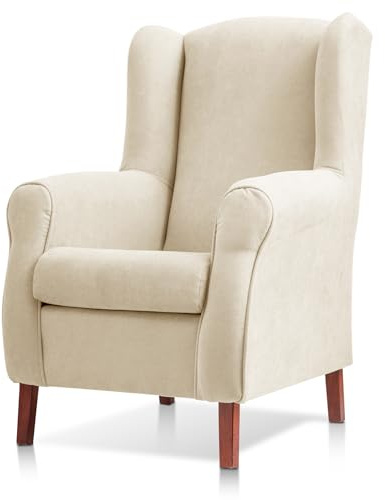 Sillon orejero Carla tapizado en Tela Antimanchas Color Beige (104 x 77 x 75 cm). Butaca de Salon o Dormitorio, para Leer, Ver la TV o para Lactancia