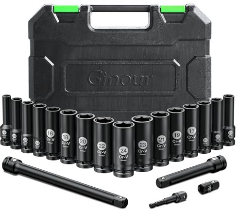 Ginour 20PCs Impact Socket Set 1/2 Inch, CR-V Drive Master Deep Impact Socket Set 8mm - 24mm, Metric, 6 Point, with 3pcs Drive Impact Extension Bar Set 3, 5,10
