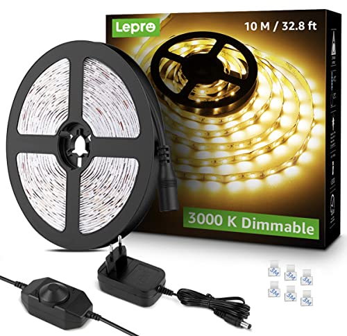 Lepro LED Strip 10M Warmweiss, LED Streifen Warmweiß 3000K Dimmbar, 2835 LED Band Selbstklebend 420 LEDs, Superhell LED Lichtband Leiste mit Netzteil, Lichterkette Kette für Innen Küche Heim Deko