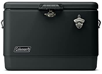 Coleman Reunion - Contenitore per ghiaccio portatile isolato, 54 qt, con cintura in acciaio, resistente alle perdite, con chiavistello, maniglie e scarico