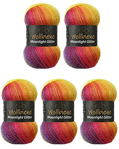 Moonlight Glitter Batik Simli 5 x 100g Strickwolle 500 Gramm Wolle zum Stricken und Häkeln 20% Wolle Metallic-Wolle türkische Wolle Farbverlaufswolle Glitzerwolle (2600 rainbow)