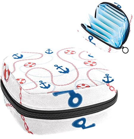 Women Sanitary Napkins Pads Handbag Ladies Menstrual Cup Pouch Girls Portable Tampon Storage Bag Anchor Shape Line Period Pouch with Zipper