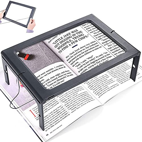 Magnifying Glass, LASIEYO A4 Full Page Magnifier, 3X Reading Aid Lens Foldable Stand Hands Free Reading Magnifier with 12 Anti-Glare Dimmable LED for Reading Small Prints, Book, Low Vision Seniors