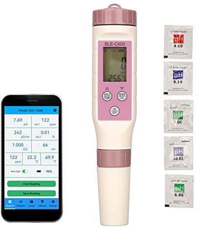PH-Messgerät für Wasserhydrokultur, Digitaler Bluetooth-Wasserqualitätstesterstift, 7-in-1 PH TDS EC ORP SG Salzgehalt-Temperaturmessgerät für Trinkwasser-Pool-Aquarium, 0-14