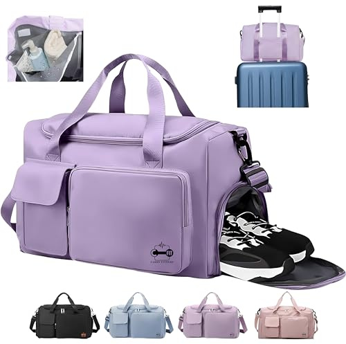 CarryFitness® Sports Gym Bag Duffle Bag with Shoes Compartment, Waterproof Weekend Bags for Women and Men, Hand Luggage Bag, Lightweight Holdall Hospital Overnight Bag - Purple 37L