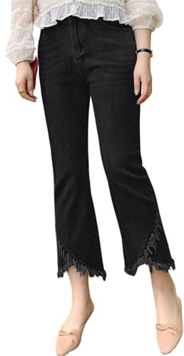 CHARTOU Jeans de mezclilla elásticos para mujer, rasgados, desgastados, con dobladillo deshilachado, con borlas, pantalones de mezclilla recortados, Negro -, X-Large