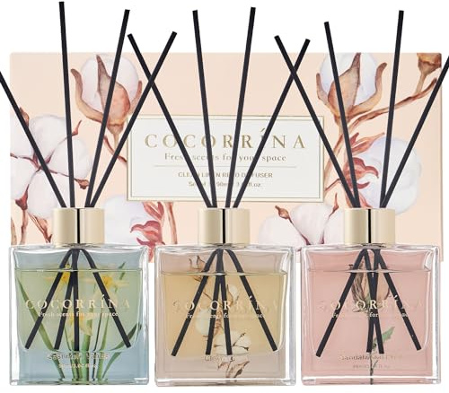 COCORRÍNA Reed Diffuser Set of 3-3 Pack/ 3.04 Fl.oz Diffuser with 24 Sticks Cashmere Vanilla/Sandalwood Rose/Clean Linen Reed Diffuser for Home Bathroom Office Decor