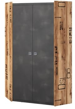 Mirjan24 Eckkleiderschrank Fargo FG17, Drehtürenschrank mit 10 Fächer und 2 Kleiderstangen, Kleiderschrank für Jugendzimmer und Kinderzimmer, Eckschrank (Alpenfichte/Raw Steel)