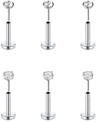 FECTAS 6pcs Threadless Push-In Knorpel Tragus Helix Piercing Schmuck Flat Back Stud Ohrringe Edelstahl 16G 6mm 8mm 10mm Lip Bars Labret Stud Lip Ohr Medusa Piercing 2mm 3mm 4mm CZ
