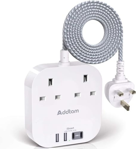 3M Extension Lead, Extension Lead with USB Slots with 2 Way Outlets 4 USB | (4.5A, 2 Type C and 2 USB A Ports) Surge Protection Plug Extension Socket with Braided Extension cord for Home/Office