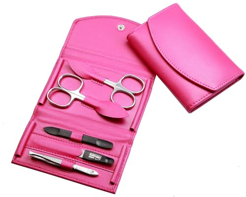 Hans Kniebes Maniküre Set 5-teilig Pink – Nagelpflege Set Edelstahl rostfrei – Nagelschere, Hautschere, Feile, Pinzette & Schieber – Echtes Nappa Leder Etui – Profi Manikürbesteck Damen & Herren