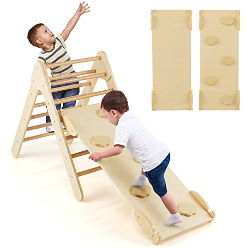 DREAMADE 3 in 1 Montessori Kletterdreieck mit 2-seitiger Rampe, Holzdreieck Sprossendreieck Kletterspielzeug aus Holz, Indoor Klettergerüst zum Rutschen & Klettern für Kinder ab 1 Jahr (Natur)