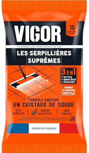 Vigor Serpillières Suprêmes 3 en 1 | Nettoie, Ravive l'éclat et Dégraisse | Formule Enrichie en Cristaux de Soude | Sans Rinçage - Sols Carrelés | Fabriqué en France | x15 Serpillières Extensibles